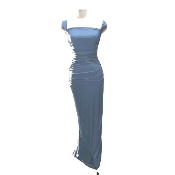 Lulus Amazing Presence Slate Blue Mesh Ruched Column Maxi Dress Sz XS Womens Blu - Picture 2 of 16
